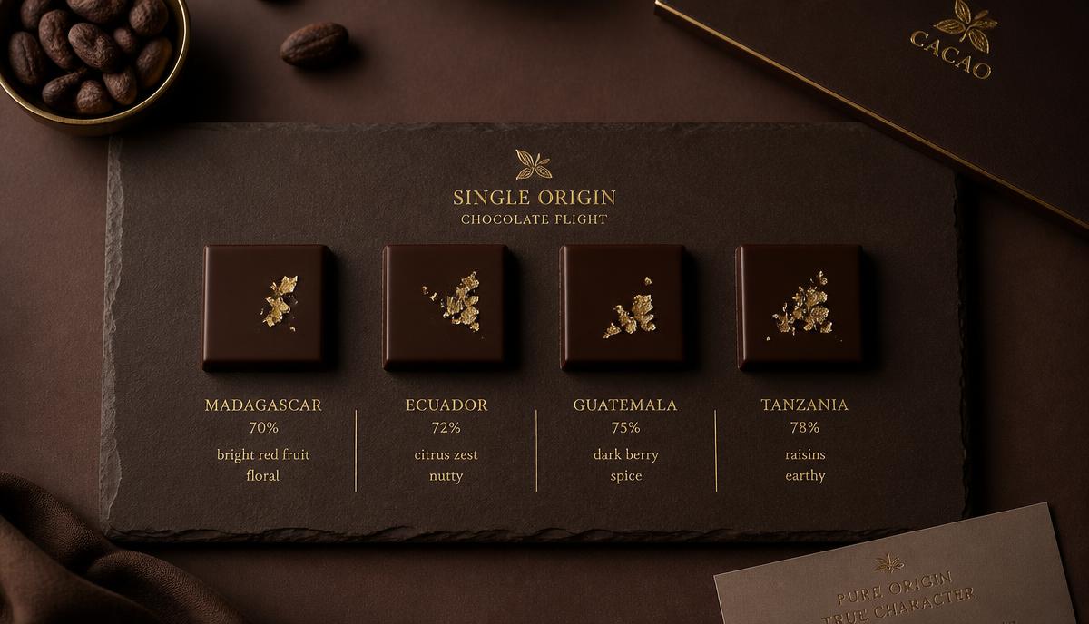 Single origin chocolate tasting flight served on a slate board